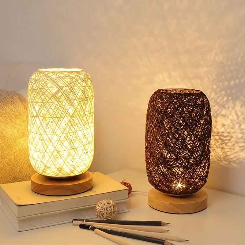 

Wooden Rattan Twine Table Lamp Dimmable Led Night Light Home Art Creative Decoration For Home Bedroom Bedside Desk Lights