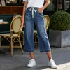 Cropped Pants for Women, High-Stretch Denim Wide-Leg Trousers, Drawstring Waistband Casual Summer Pants Denim Jeans Women 1