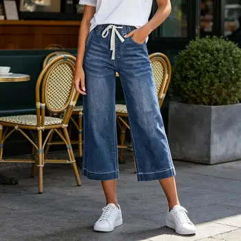Cropped Pants for Women, High-Stretch Denim Wide-Leg Trousers, Drawstring Waistband Casual Summer Pants Denim Jeans Women 1