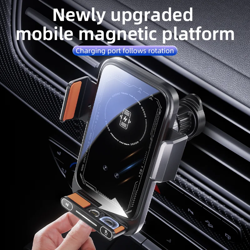 Caricatore per Auto con Supporto Telefono, Ricarica Wireless 15W e Cablata, Rilevamento Automatico, Rilascio e Rotazione con Un Tocco, Certificato Qi FCC ROHS - Image 4