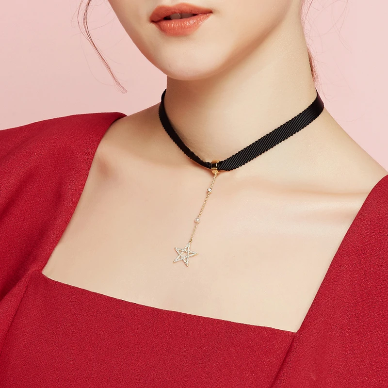 

YINGACC Five-pointed Star Style Long Pendant Black Collarbone Short Chain Accessories Decorated Neck Women