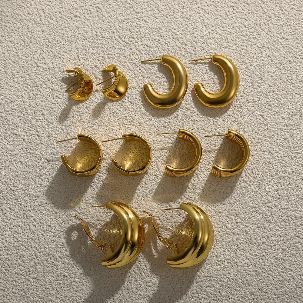 New Stainless Steel PVD Waterproof Multilayer Metal C-shape Hoop Earrings Smooth 18K Gold Plated Texture Earring Vintage Jewelry