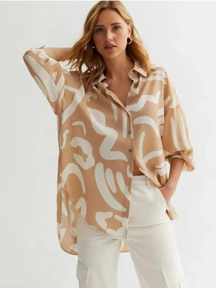 Plus Size Casual Blouse Women's Off White Abstract Shirt Button Up Lantern Turn Down Collar Blouse Casual Vintage Shirt 2024