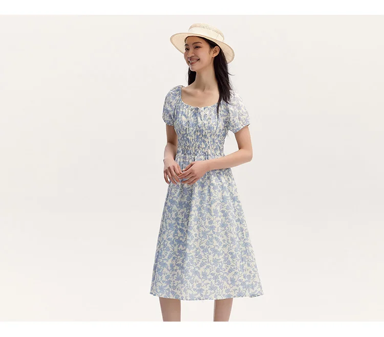 Dress Women Gentle And Elegant Summer New French-Style Square Collar Waist Cinched Mid-Length Fresh