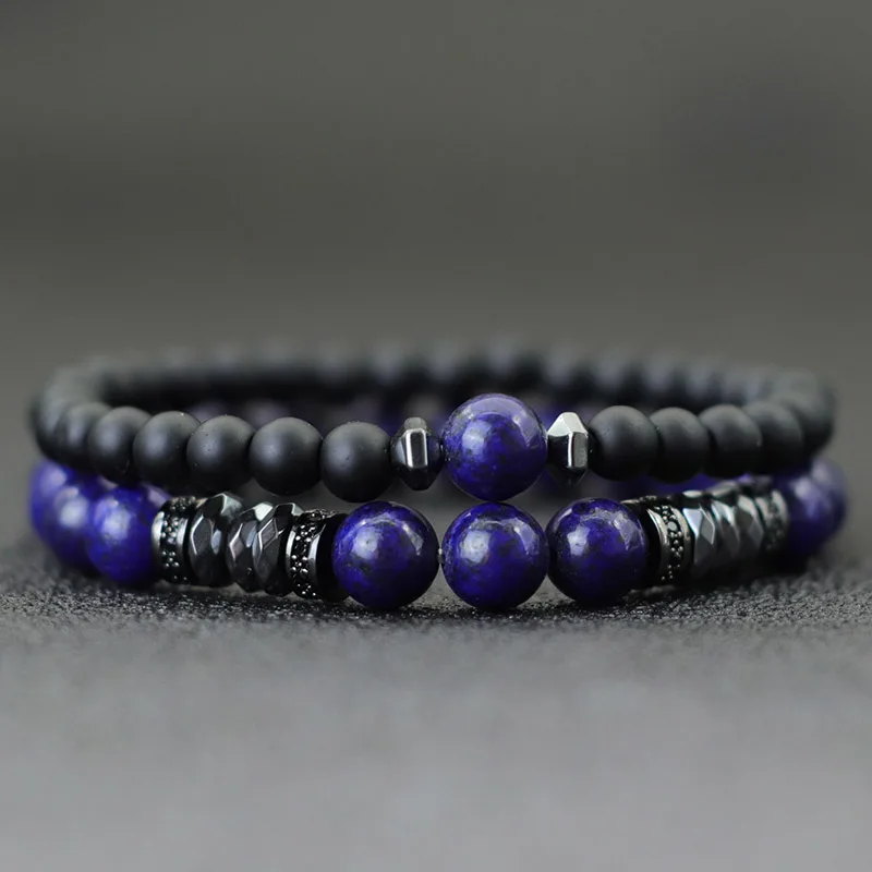 Men Stone Bracelet Luxury Black Zirconia Lapis Lazuli Tiger Eyes