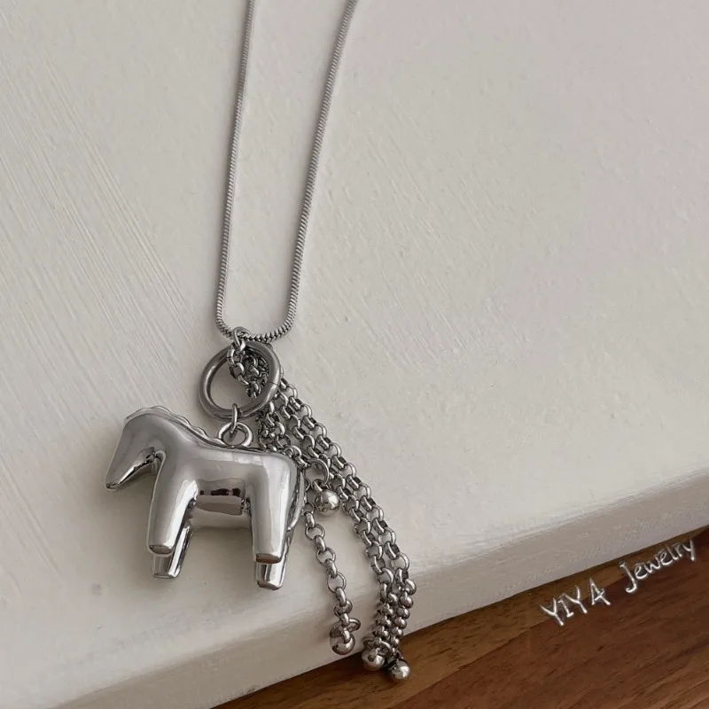 Minar INS Fashion, collana con ciondolo a forma di nappa con catena a forma di cavallo e superficie liscia, per donna, catena a serpente placcata in argento, lunga catena per maglione_voghion.com