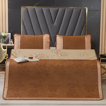 Summer Sleeping Mat Kit Random Color Cool Rattan Mattress Cover,Jacquard Cold Fitted Sheet Set,AB Side Straw 2/3pcs With Band 1