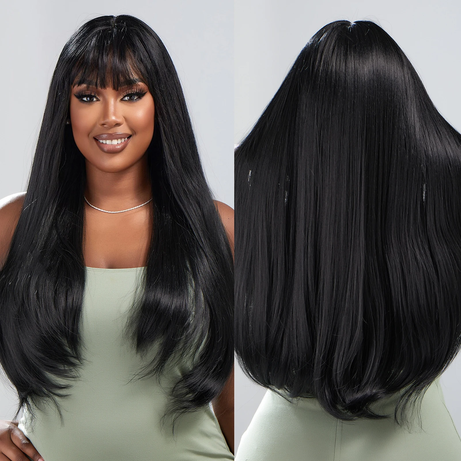 Long Black Straight Wigs for Women Dark Daily Wig Synthetic Wigs with Bangs Heat Resistant Fiber Natural Looking Hair_voghion.com