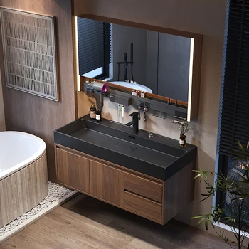 สีวอลนัทแบบบูรณาการอ่างล้างหน้าห้องน้ําตู้ผสมสไตล์ย้อนยุคห้องน้ําอ่างล้างหน้าอ่างล้างหน้าอ่างล้างหน้า 1