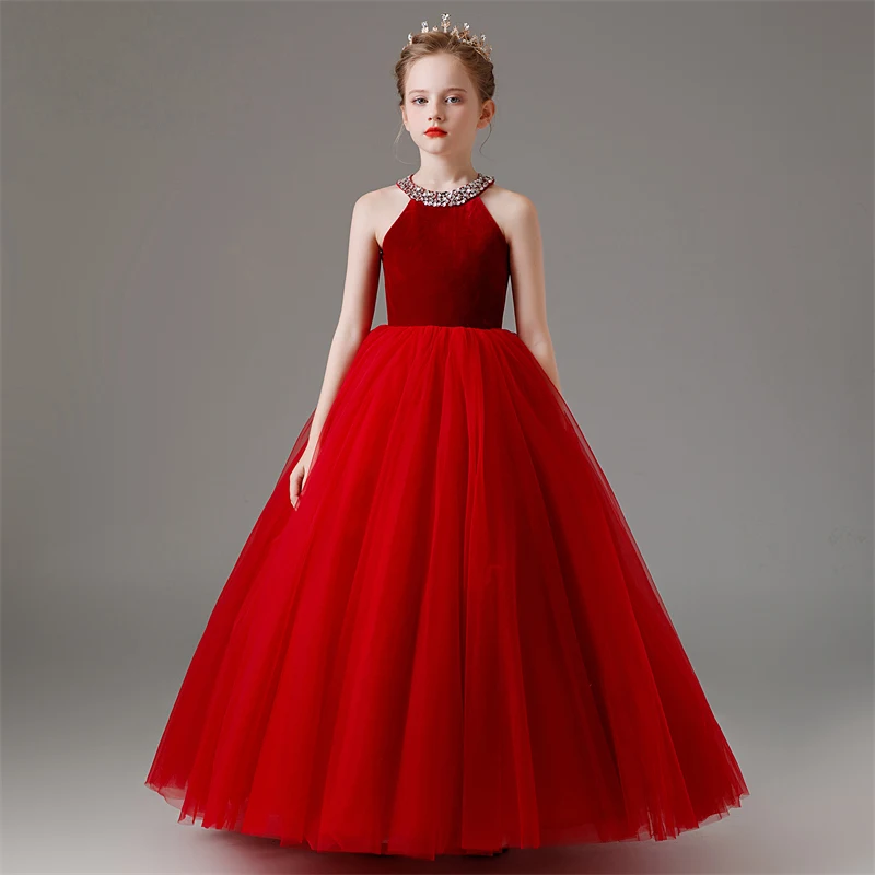 YZYmanualroom Girls red halter net pommel dress Junior Bridesmaid dress Wedding Girls Communion dress/customizable
