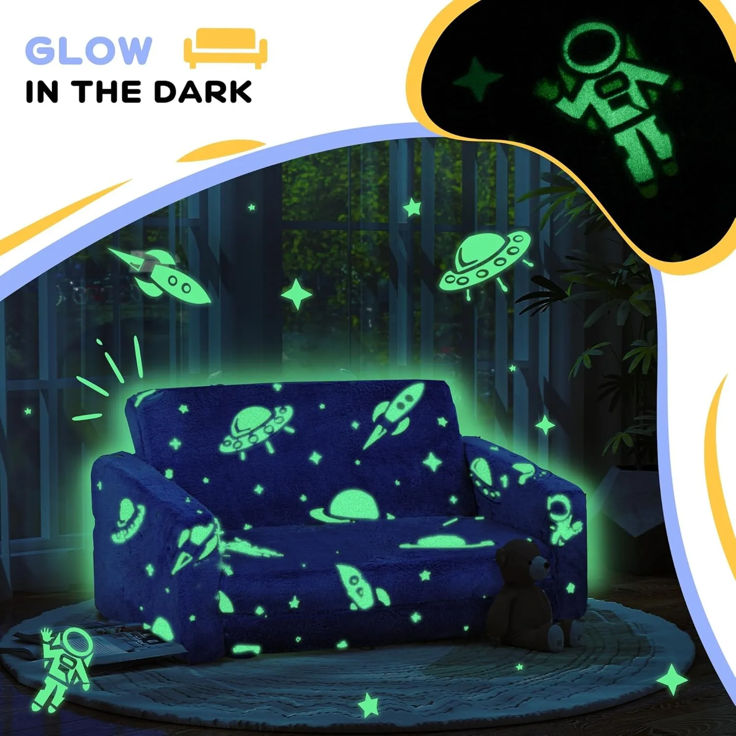 2 in 1 Kids Sofa Chair, Toddler Couch with Glow in The Dark Cosmic Patten, Washable Cover 4