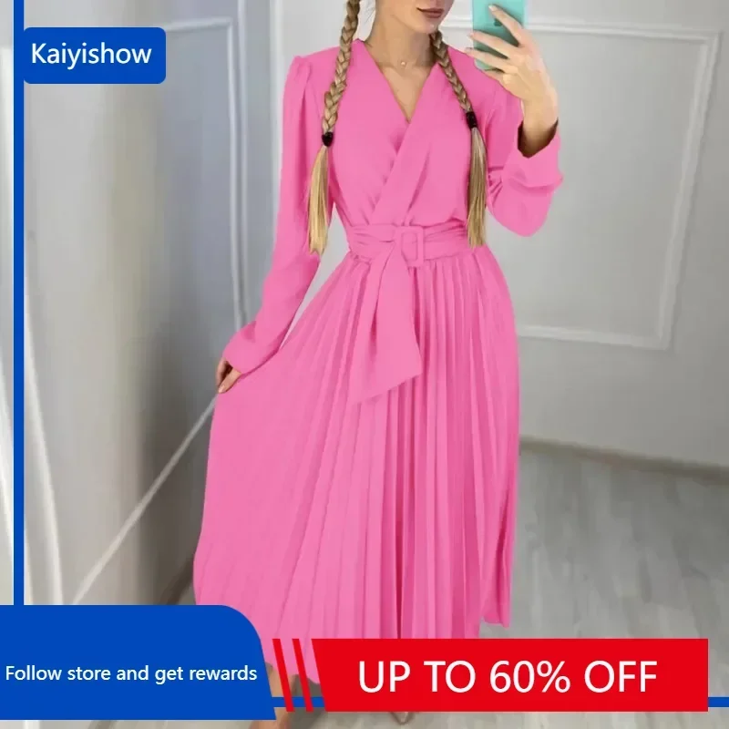 

Элегантные африканские женские платья, Осень-зима 2023, одежда в африканском стиле с V-образным вырезом, однотонное, с высокой талией, длинным рукавом, плиссированное платье