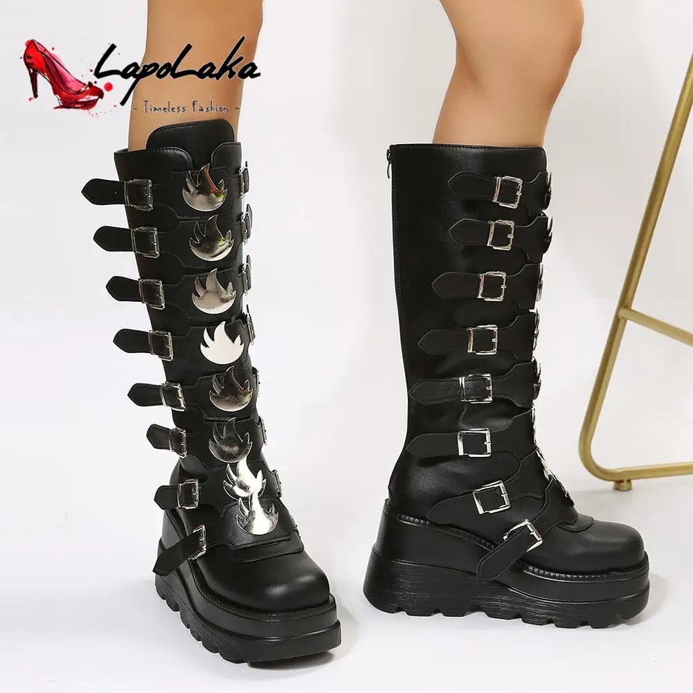 

2023 Hot Fashion Punk Gothic Style Knee High Boots Wedge Heels Buckle Mid Boots Comfy Walking Boots autumn Motorcycles Boots