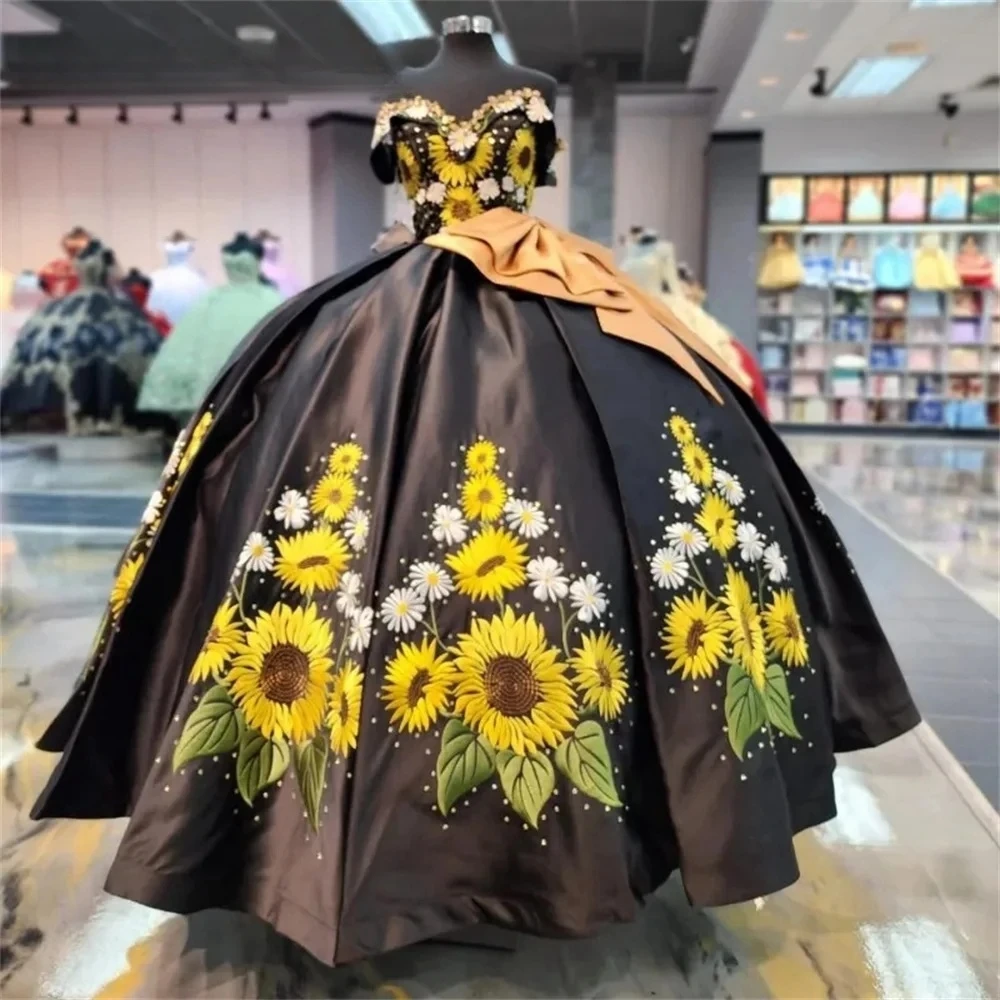 

Black Charro Quinceanera Dresses Ball Gown Off The Shoulder Satin Embroidery Mexican Sweet 16 Dresses 15 Anos