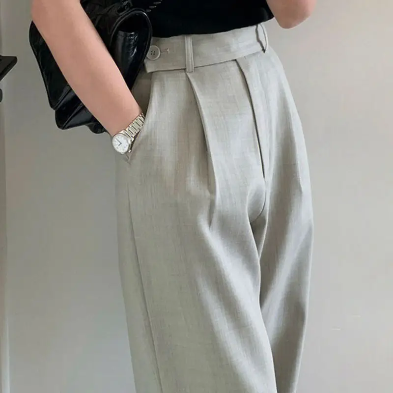 

High Waist Narrow Wide-Leg Pants Draping Effect Tight Waist Straight-Leg Pants Classic Women's Trousers Commuter Gray Suit Pants