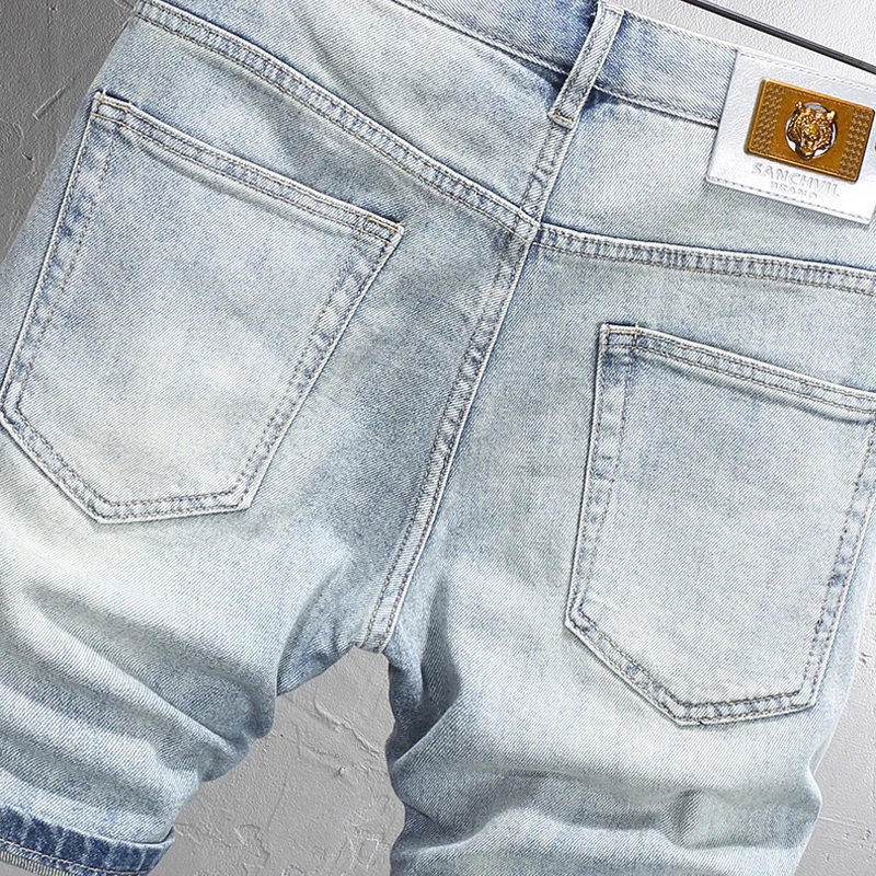 Summer Fashion Men Jeans Retro Light Blue Stretch Slim Fit Ripped Short Jeans Homme Patch Designer Hip Hop Denim Shorts Men