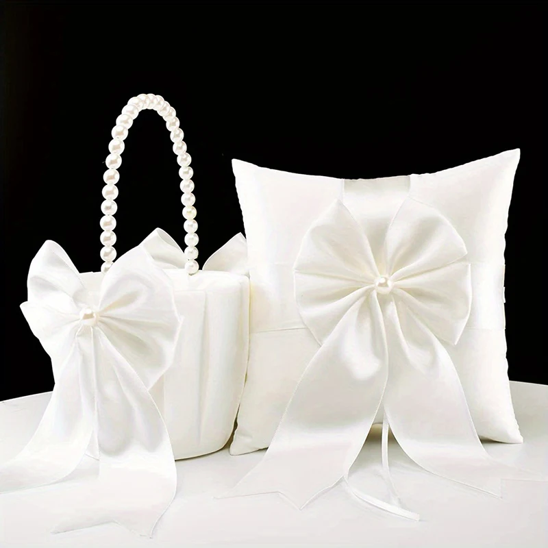 

Ribbon Bow Decor White Floral Beaket Pearl Handle Flower Basket Satin Pearl Flower Basket Ring Pillow Bridal Ring Pillow Set