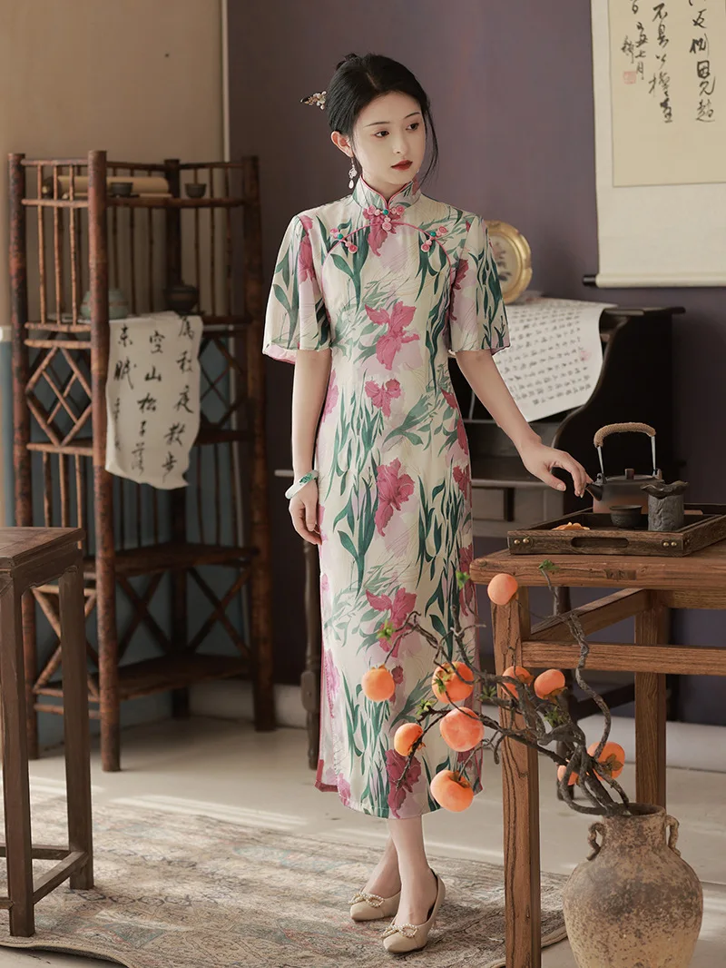 

FZSLCYIYI Improved Flying Sleeve Mandarin Collar Qipao Chinese Traditional Leaves Printed Satin Cheongsam Women Dresses