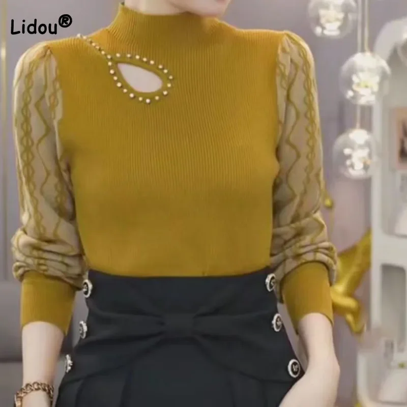 

Women's Clothing Long Sleeve Fashion Korean Hollow Out Sweaters Autumn Winter Casual Solid Spliced Half High Collar Knitted Tops