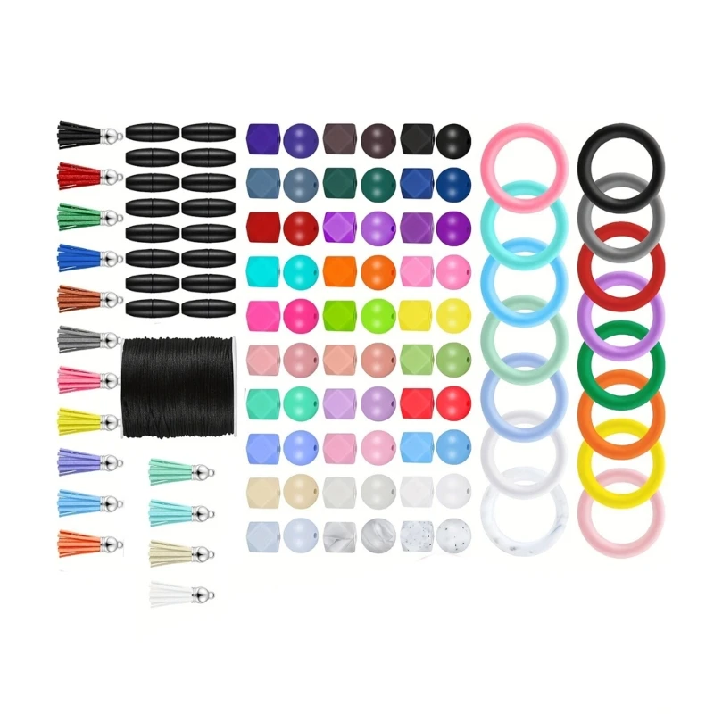 91pcs Beadable O Shaped Circles and Beads for Handmade Crafts 65mm Silicone Rings with 2 Holes Jewelry Making Supplies