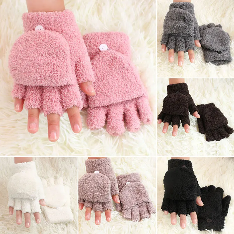 Winter Coral Fleece Gloves Flip Cover Half Finger Gloves Women Winter Warmer Mittens Solid Color Elastic Mittens Hand Warmer