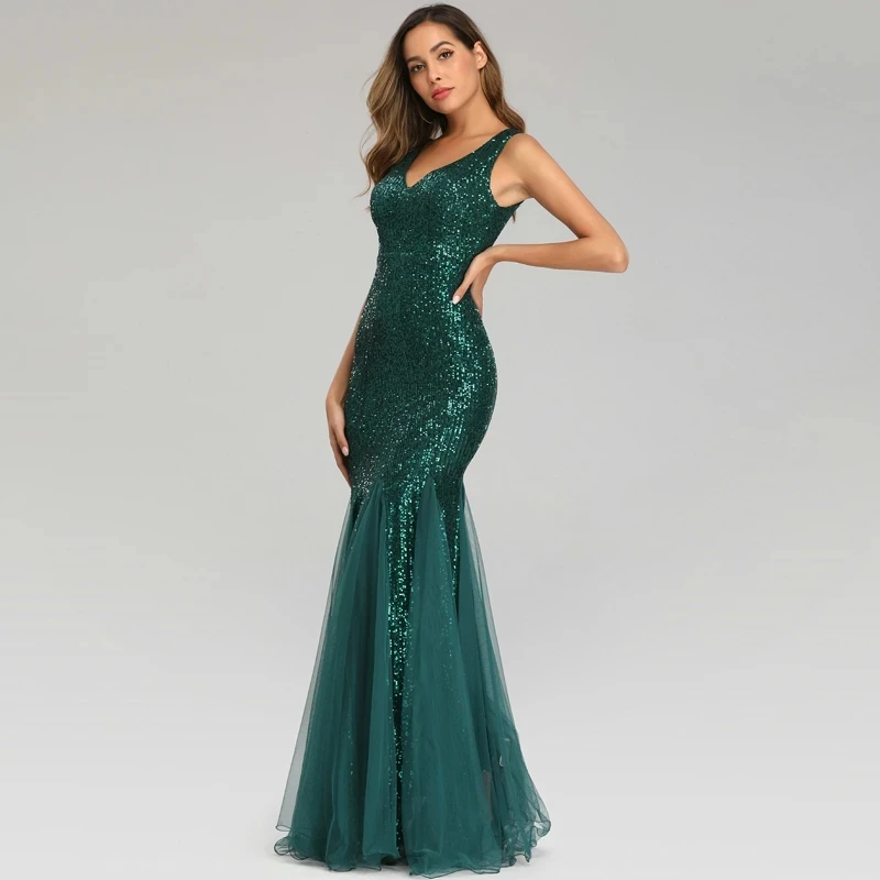 

Mermaid V Neck Green Evening Dress 2024 Sleeveless Sequin Elegant Mermaid Long Formal Party Dress