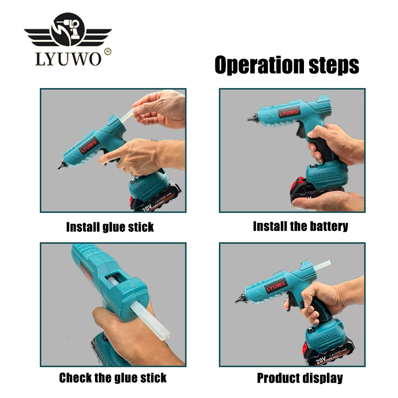 LYUWO 21V, 100W, 280 ° C cordless hot melt glue gun portable lithium battery charging 10pcs 11mm glue stick DIY maintenance tool 6