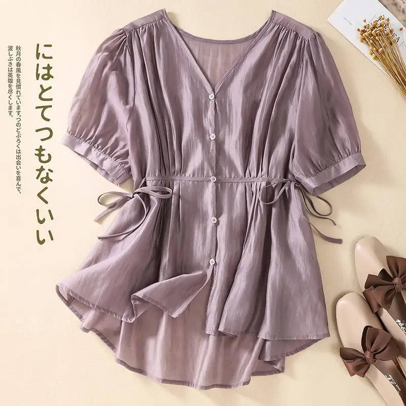 

Summer New Solid Color Fashion Short Sleeve Shirt Women High Street Casual Loose Button Cardigan Pleated Lacing Elegant Tops