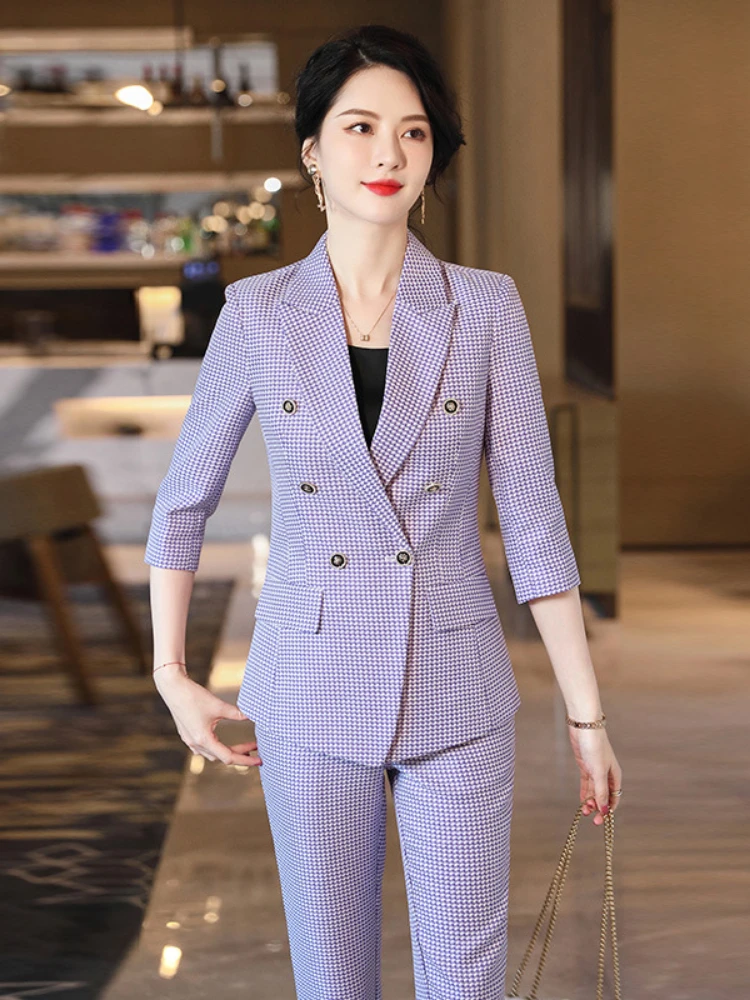 

High Quality Fashion Plaid Women's Professional Wear Office Suit Pants 2 Piece Set Summer Slim Ladies Blazer Casual Ninth Pants