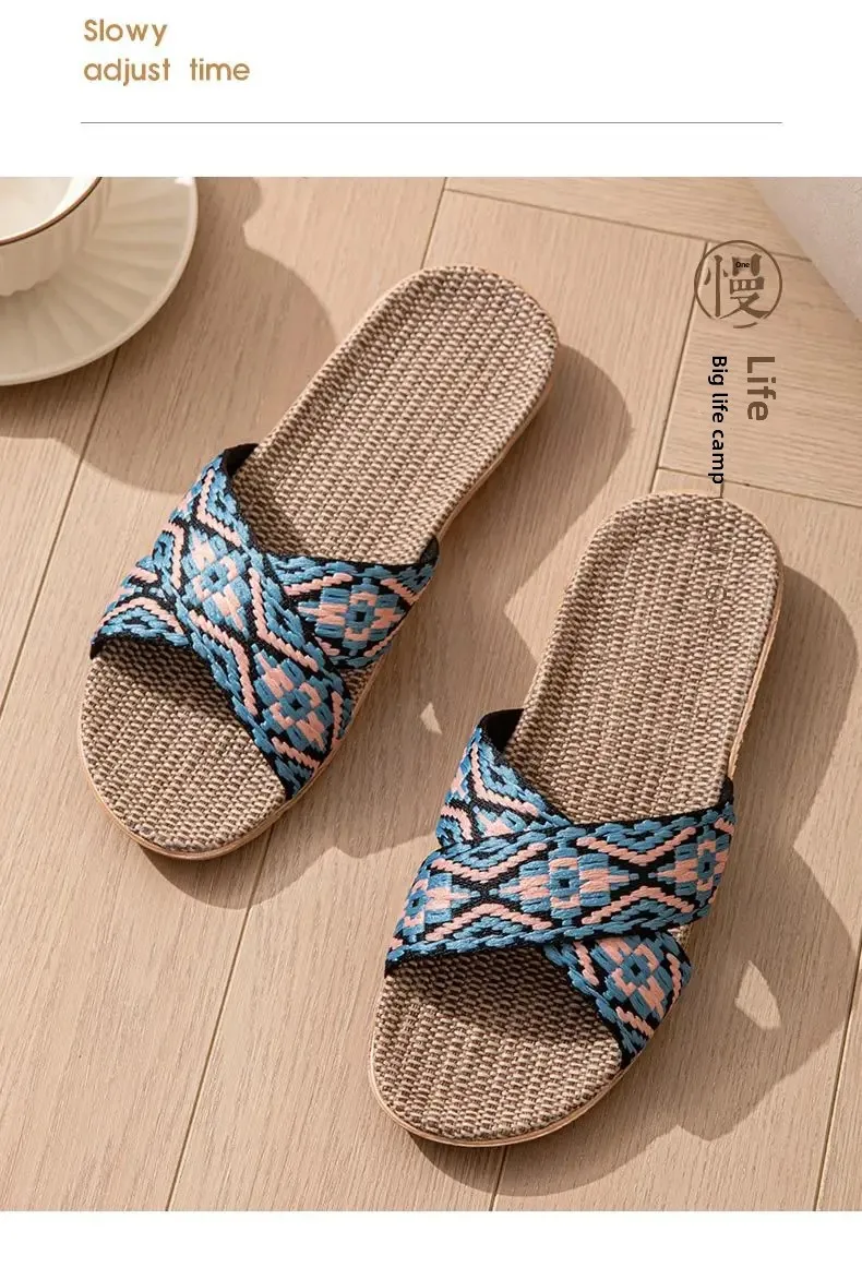 S8c9e2dde35d74a2190f490fbb2f41437a Open-Toe Crossed Linen Slippers for Couples Indoor Use