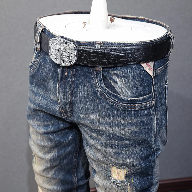 Fashion Designer Men Jeans High Quality Retro Black Blue Elastic Slim Ripped Jeans Men Embroidery Patched Vintage Pants Hombre