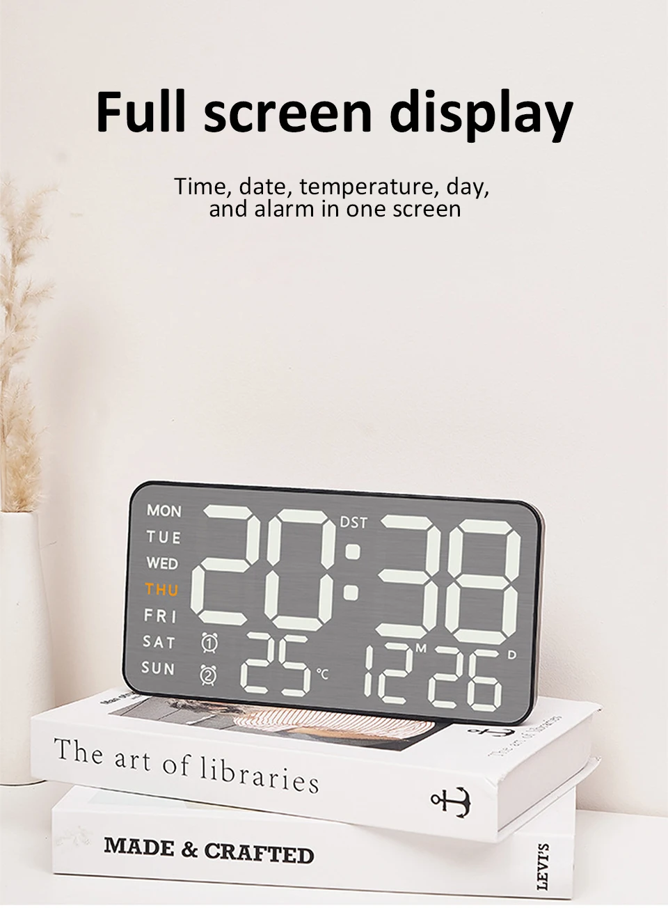 Description Picture 3 of itemCreative Digital Wall Clock Temp Week Display USB Powered Table Clock Wall-mounted Auto Dimmer Dual Alarms Metal Brushed Clocks
