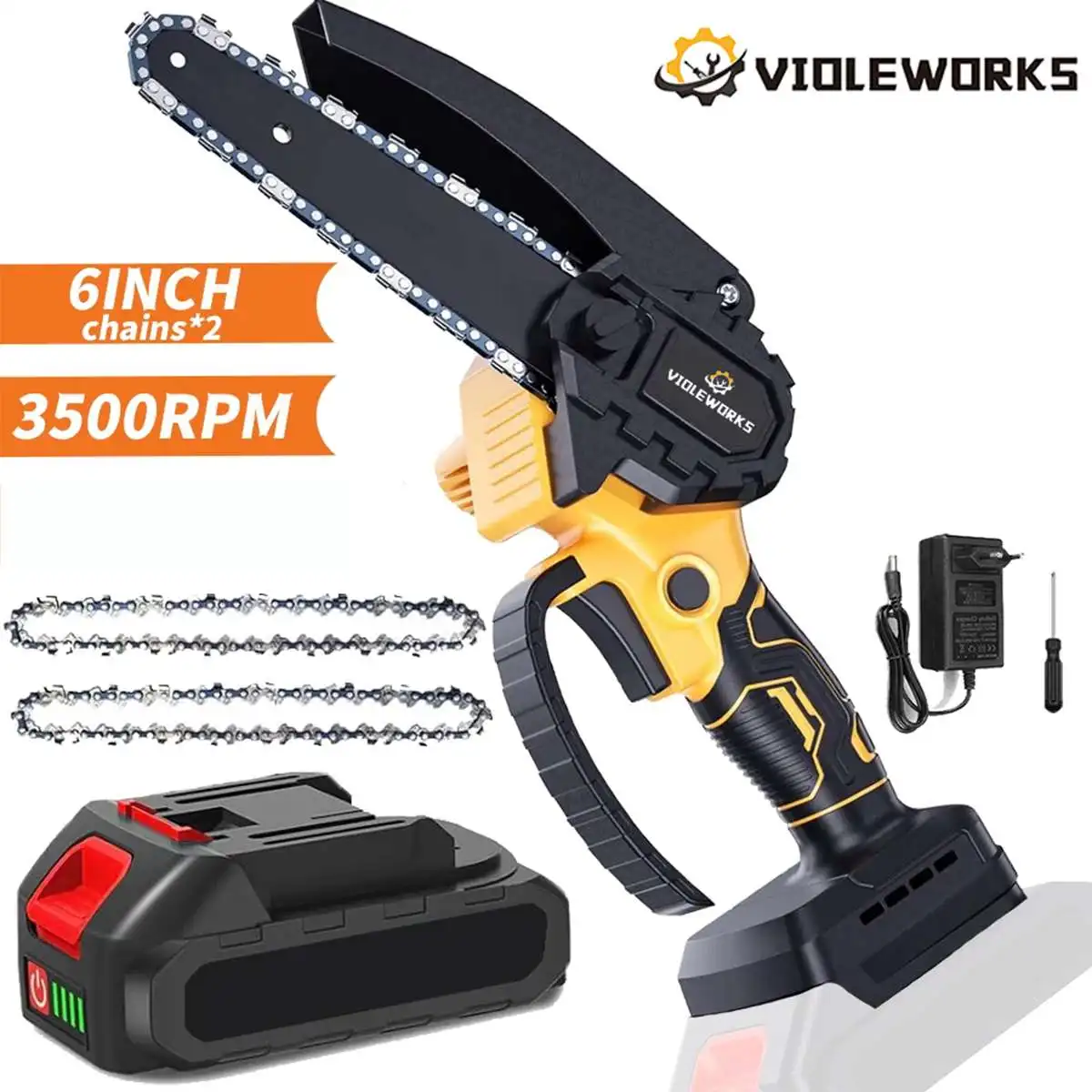 VIOLEWORKS 6 Inch Cordless Electric Chainsaw with 2 Chains Tree Branches Cutter Garden Protable Saw for for Makita 18V Battery