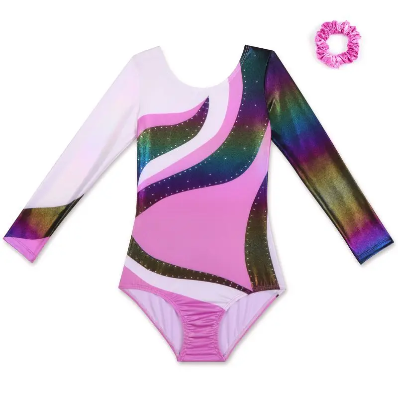 

Kids Girls Gymnastics Skating Performance Costume Long Sleeve Printed Leotards with Hair Band