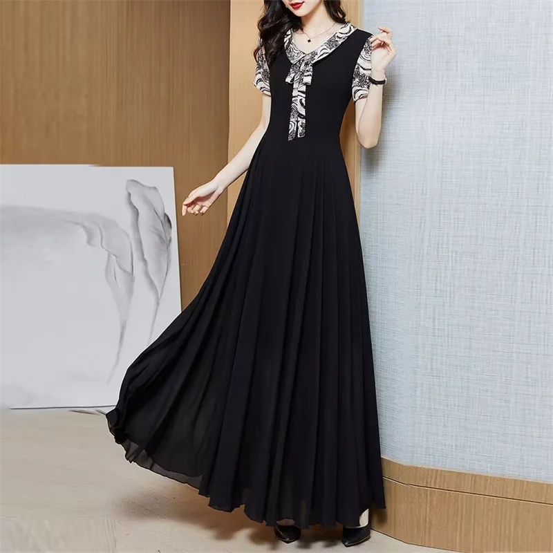 

Женское шифоновое платье-трапеция с коротким рукавом и высокой талией
