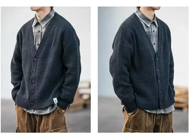 Description Picture 5 of itemKorean Loose Vintage V-Neck Cardigan Sweater Men Spring Autumn New Solid Patchwork Button Pocket Knitted Jacket Long Sleeved Top