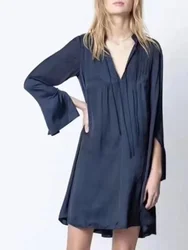 Women Pleated Mini Dress Lace-up V-Neck Long Flared Sleeve Casual Summer 2024 Robe