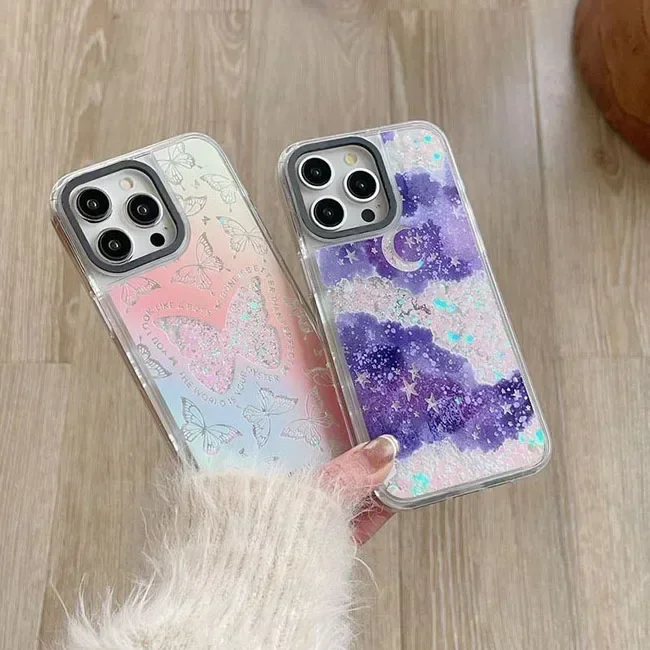Transparent Border Quicksand Butterfly Purple Cloud iPhone 12 13 14 15 Pro Max Case - Protective iPhone Case