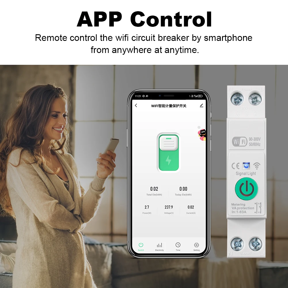 Manhot Tuya 1P+N 63A WiFi Smart Circuit Breaker With Energy Monitoring Voltage Current Protection Switch For Alexa Google Home