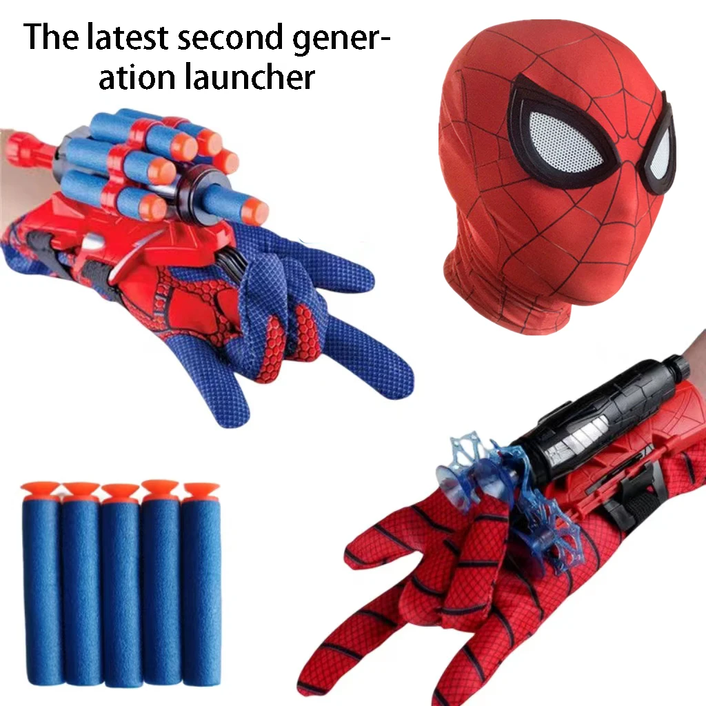 Marvel Spiderman Second Generation Launcher Toy Anime Figure Cosplay Mask  Wrist Glove Set Fun Boy Toys Children's Birthday Gifts