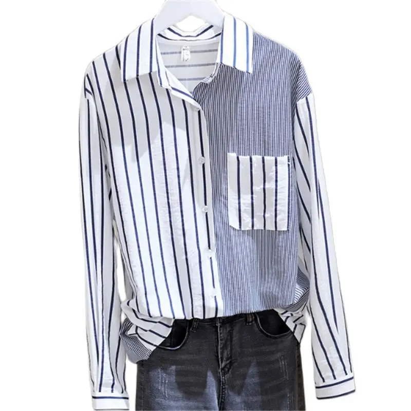 Real Stitching Striped Long-Sleeved Shirt Women's Design Sense Niche 2023 Loose Shirt Top Tide Elegant And Youth Woman Blouses