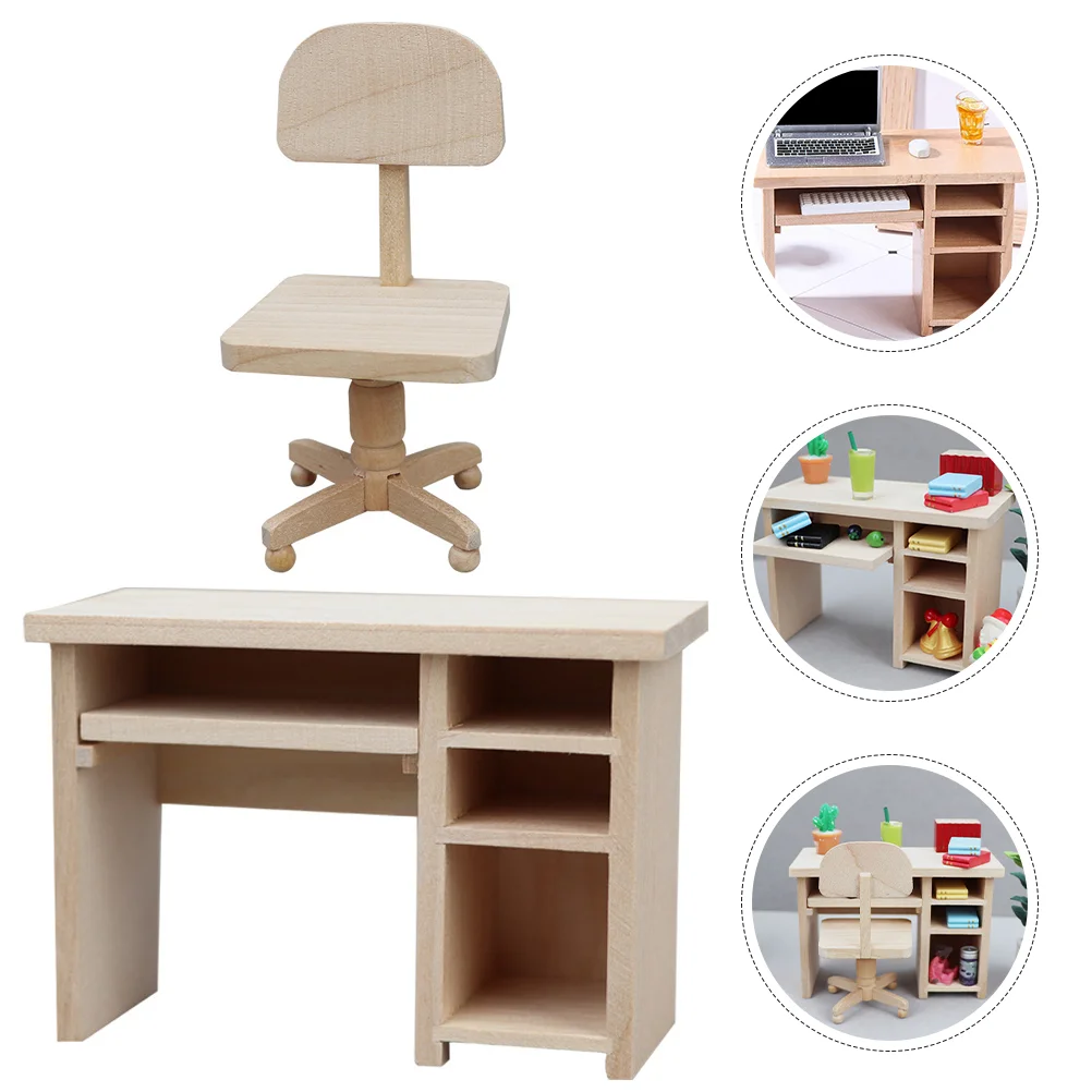 

Dollhouse Computer Desk Wood Table Model Mini Chair School Notebook Decoration Adornment Furniture Craft Micro Scene
