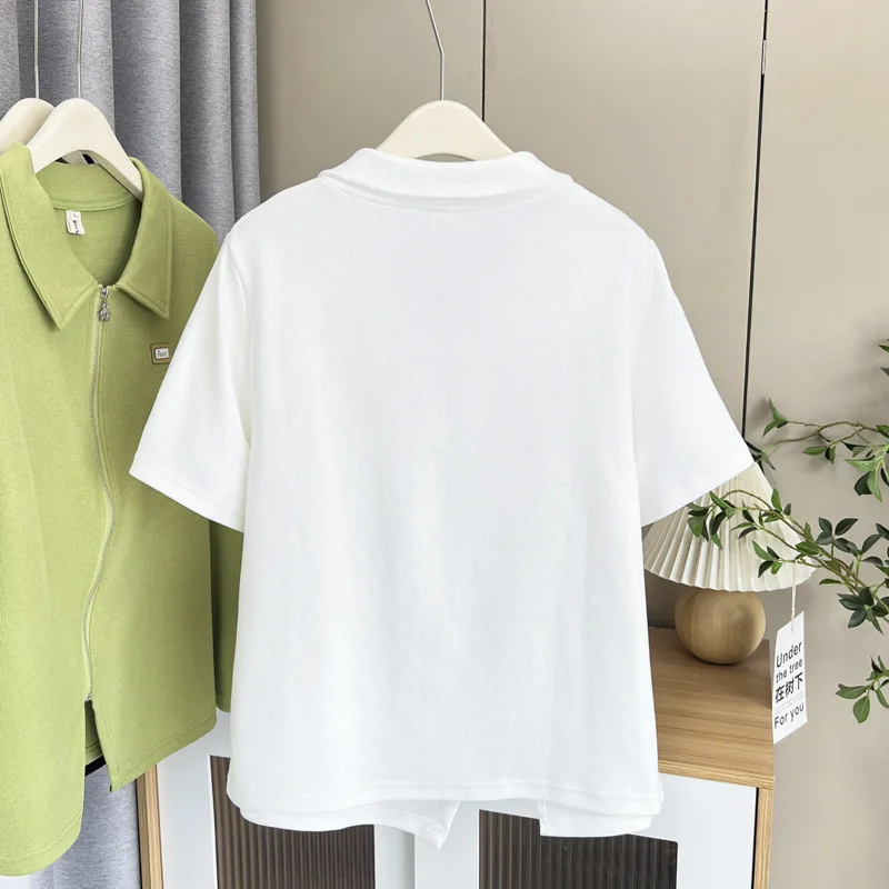 2025 Plus Size Women's Top Summer New 100kg Small Fresh Diagonal Zipper Label POLO Collar Short Sleeve T-Shirt 801