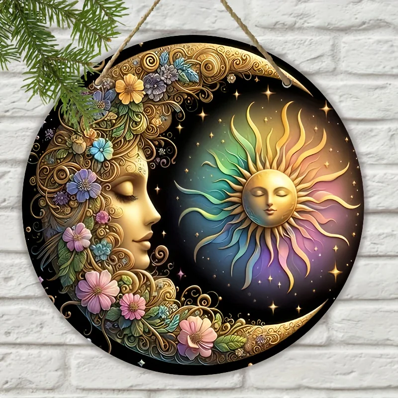 Mandala Art Sun & Moon Wooden Wall Plate - Classic Floral Design, 8x8 Inches