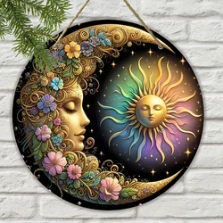 Mandala Art Sun & Moon Wooden Wall Plate - Classic Floral Design, 8x8 Inches (MULTI)