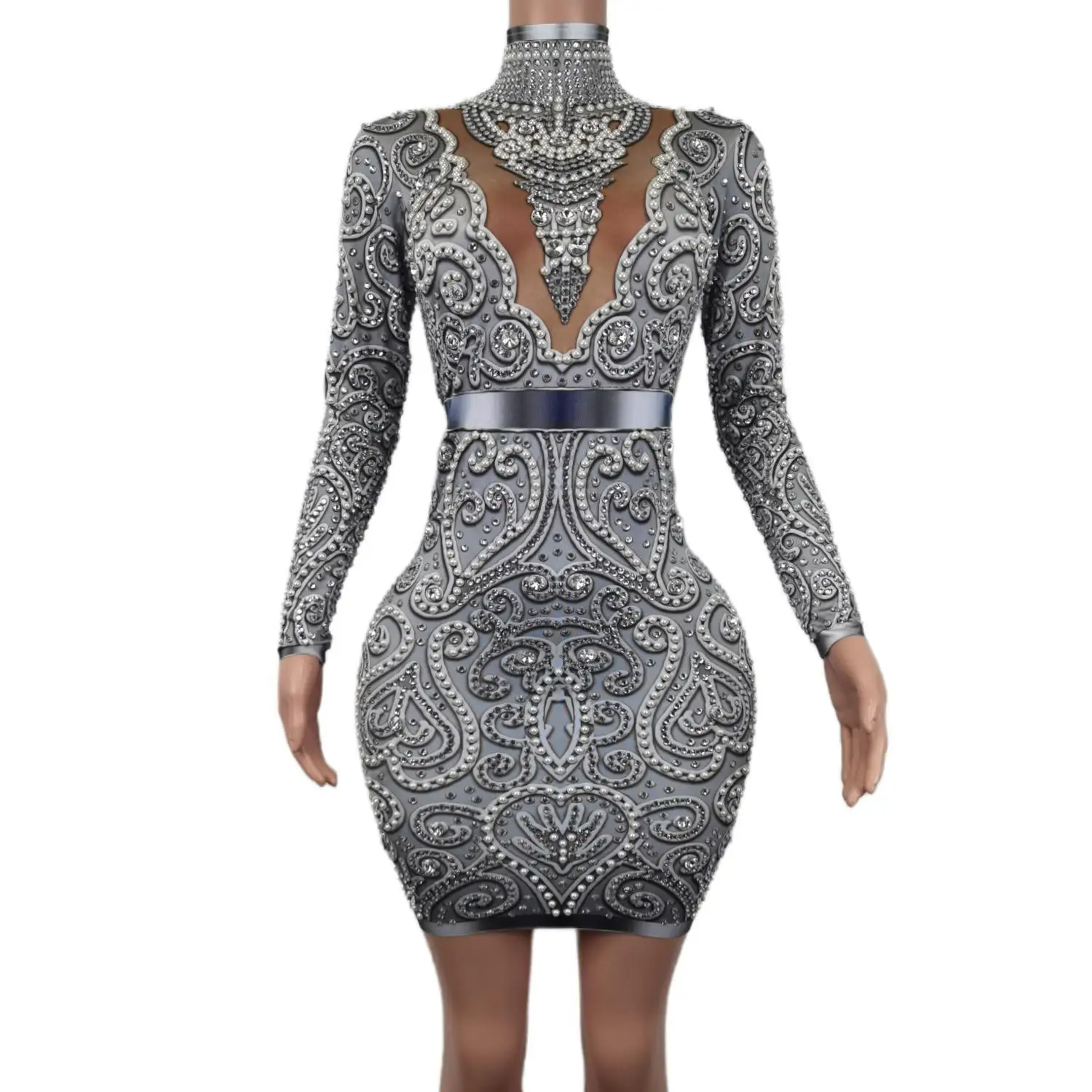 

Sexy Sparkly pearl Rhinestones Grey Spandex short dress Lady Long Sleeve Birthday Party Outfit Singer stage Show slim fit dress