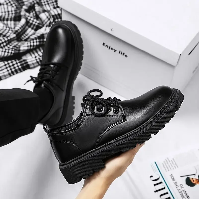 

2023 Men Korea Leather Platform Oxfords Slip on Thick Tottom Male Derby Shoes Casual Loafers Mens Square Toe Formal Dress Shoes