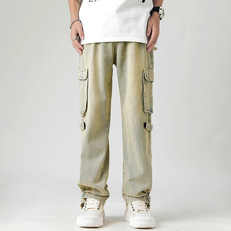 CUMUKKIYP Men's Loose Vintage Denim Cargo Pants Streetwear Multiple Pockets Side Zipper Split Straight Baggy Jeans Hombre