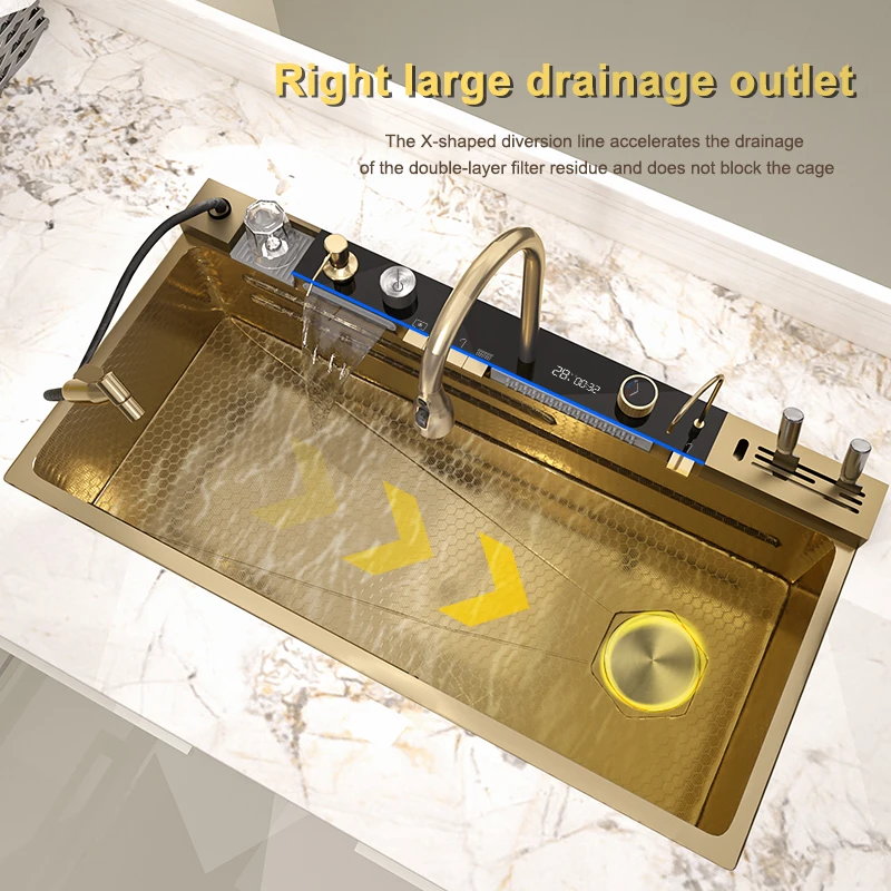 Golden Stainless Steel Kitchen Sink Waterfall Outlet Large Single Sink Digital Display Dishwashing and Vegetable Sinks kitchen sink