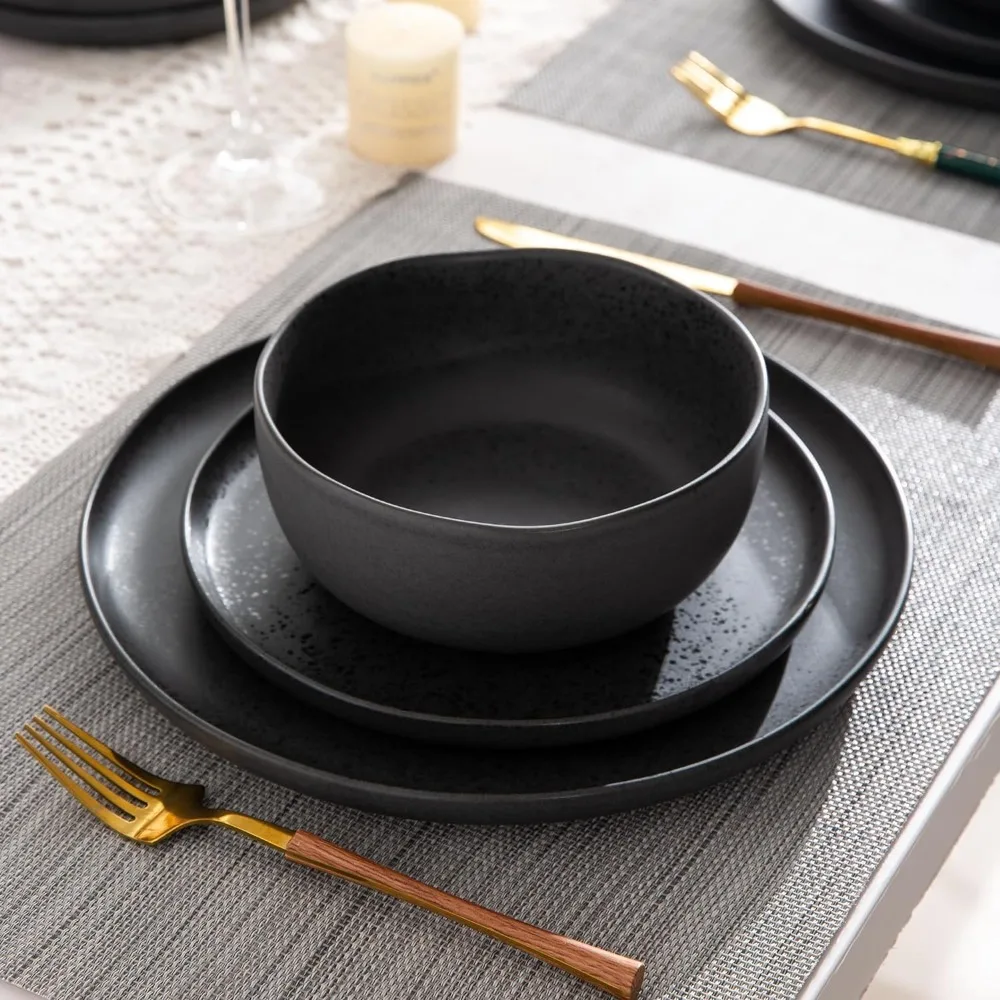 AmorArc Ceramic Dinnerware Sets, Wavy Rim Stoneware Plates and Bowls Sets, Highly Chip and Crack Resistant Dishwasher